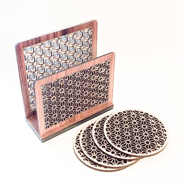 Laser-Cut Geometric Coasters Set with Holder